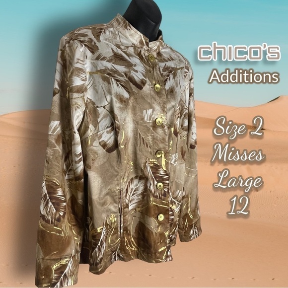 🔥 Chico's Additions Feathers Jacket Chicos 2 Misses L Cotton Gold Brown Dressy - Picture 1 of 11